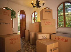 moving boxes stacked in a home